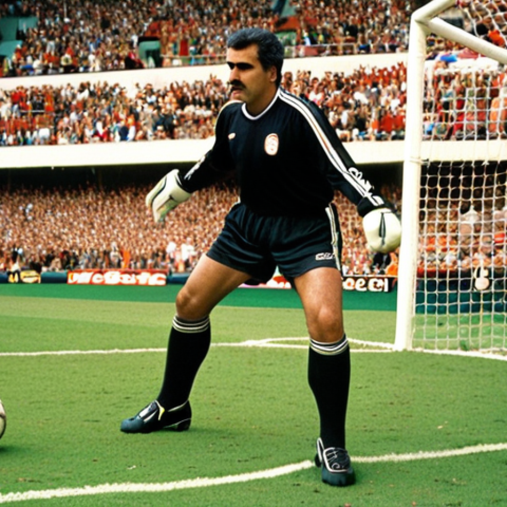 **A revolutionary goalkeeper, José Luis Chilavert, confidently out of his penalty box, a soccer ball at his feet, demonstrating his advanced "sweeper-keeper" role. He looks commanding, with a dynamic, almost attacking posture, defying traditional goalkeeper roles from the 1990s. The image should convey innovation and tactical foresight on a vibrant green pitch, possibly with subtle modern football elements in the background to show his lasting influence.**