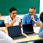 Home 10 Teacher Training in Italy**
A professional photograph of a diverse group of teachers in a modern Italian classroom, fully clothed in appropriate attire, participating in a hands-on workshop on new teaching methodologies. The focus is on collaborative learning techniques. The classroom is bright and airy, with laptops and learning materials visible. Safe for work, appropriate content, professional, modest, perfect anatomy, correct proportions, natural pose, well-formed hands, proper finger count, natural body proportions.
**