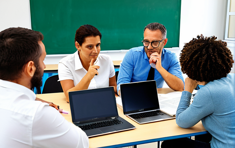 Teacher Training in Italy**
A professional photograph of a diverse group of teachers in a modern Italian classroom, fully clothed in appropriate attire, participating in a hands-on workshop on new teaching methodologies. The focus is on collaborative learning techniques. The classroom is bright and airy, with laptops and learning materials visible. Safe for work, appropriate content, professional, modest, perfect anatomy, correct proportions, natural pose, well-formed hands, proper finger count, natural body proportions.
**