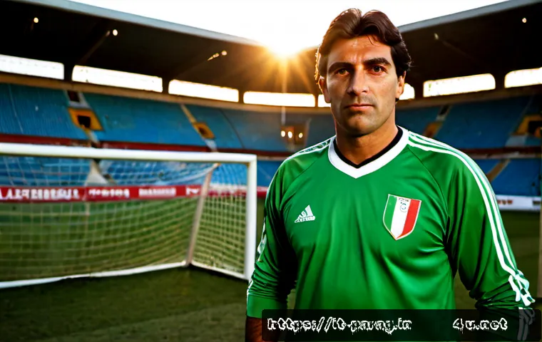 Home 11 호세 루이스 펠릭스 치라넬리 축구 선수 - Photorealistic portrait of a legendary Paraguayan football goalkeeper in a classic 1990s-style green...